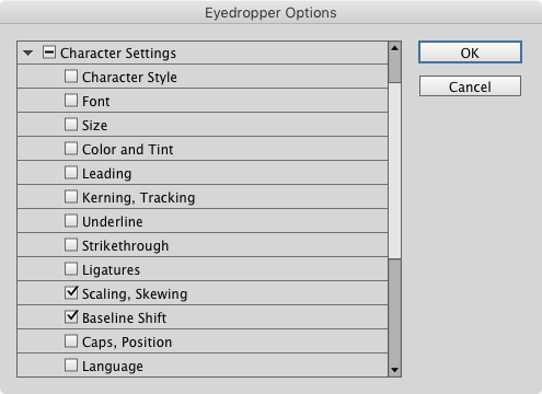 InDesign eyedropper tool character settings