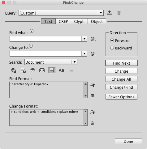 find/change to apply conditional text for multichannel publishing