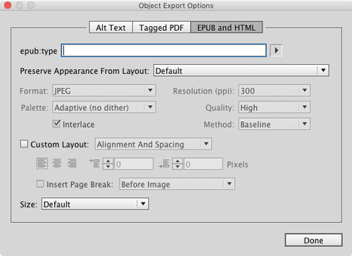 InDesign object export options