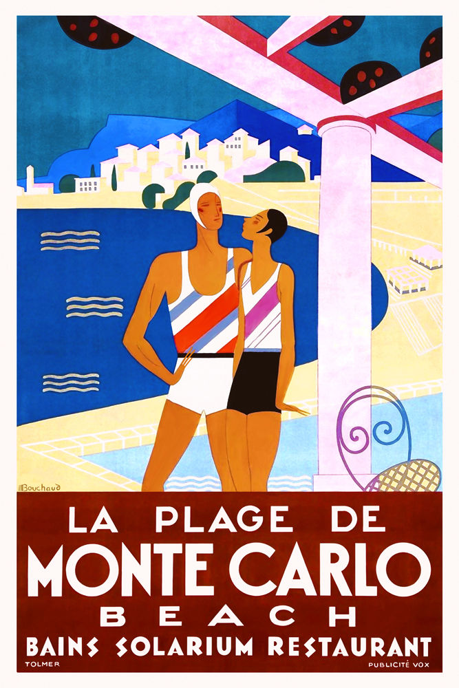 La Plage de Monte Carlo travel poster, 1920s using mixed width caps