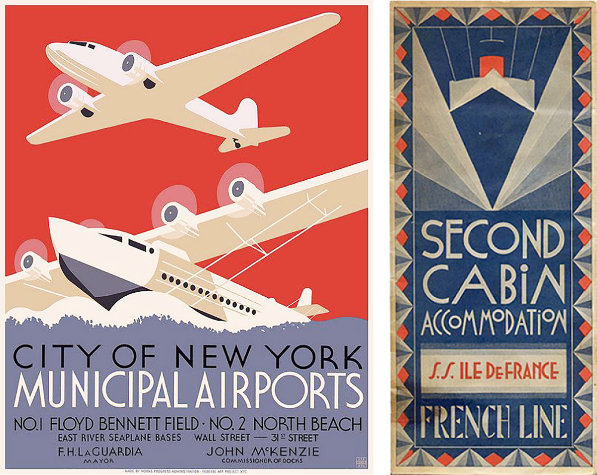 (left) City of New York Municipal Airports poster, 1937, and (right) Steamship brochure and deck plan, for the S.S. Ile de France, 1934, both showing mixed width caps. The image on the right also uses middle- and top-aligned small caps.