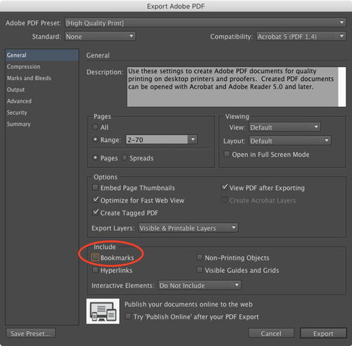 exclude bookmarks from PDF export