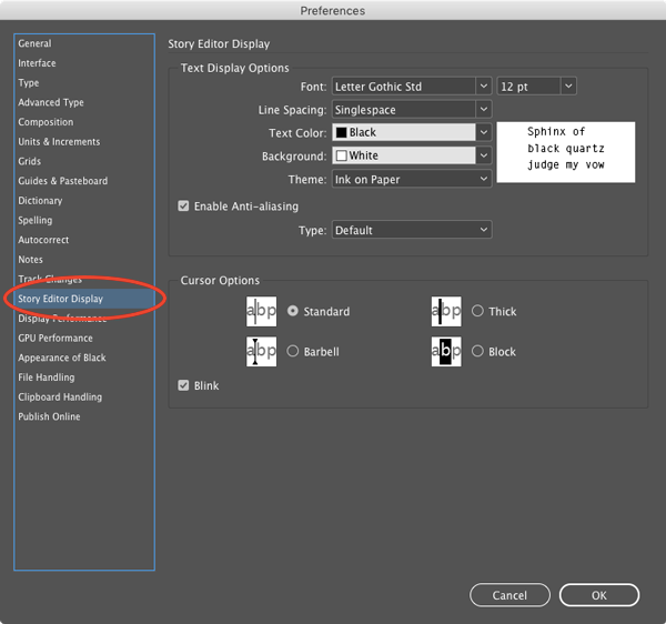 InDesign Story Editor display preference