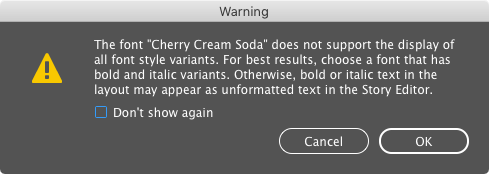 InDesign story editor display warning