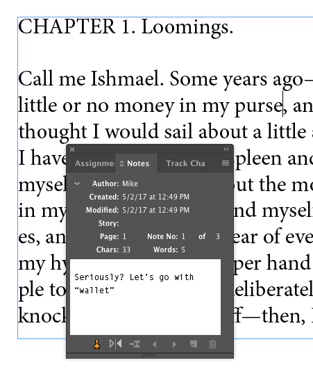 InDesign Notes panel