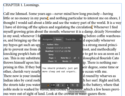 InDesign Notes panel next note