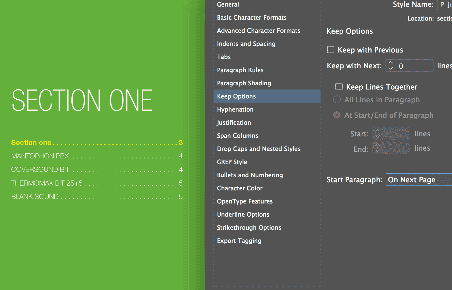 InDesign subsection TOC