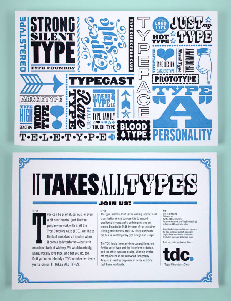 Display of different styles of typography in black and light blue