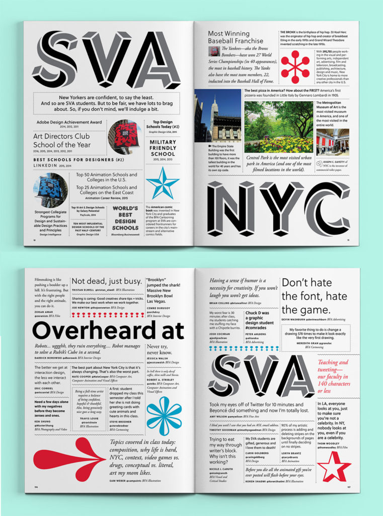 Magazine spreads with grids of text, photographs, and graphics