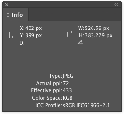 InDesign Info panel showing placed image effective resolution
