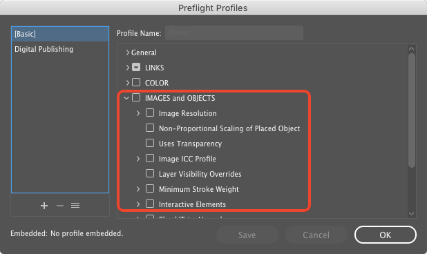 InDesign's Basic preflight profile does not check images