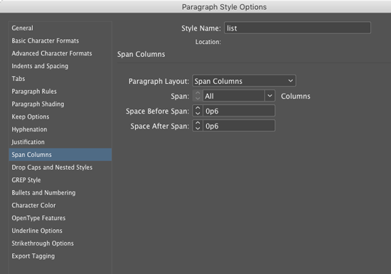 using span columns to add space above and below a list in InDesign
