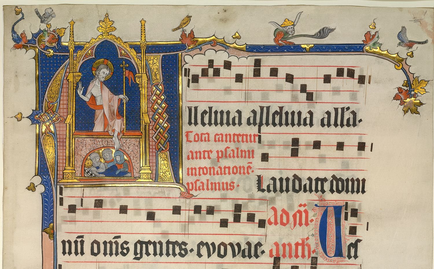Illuminated manuscript showing musical notation and an illustrated man under a golden arch