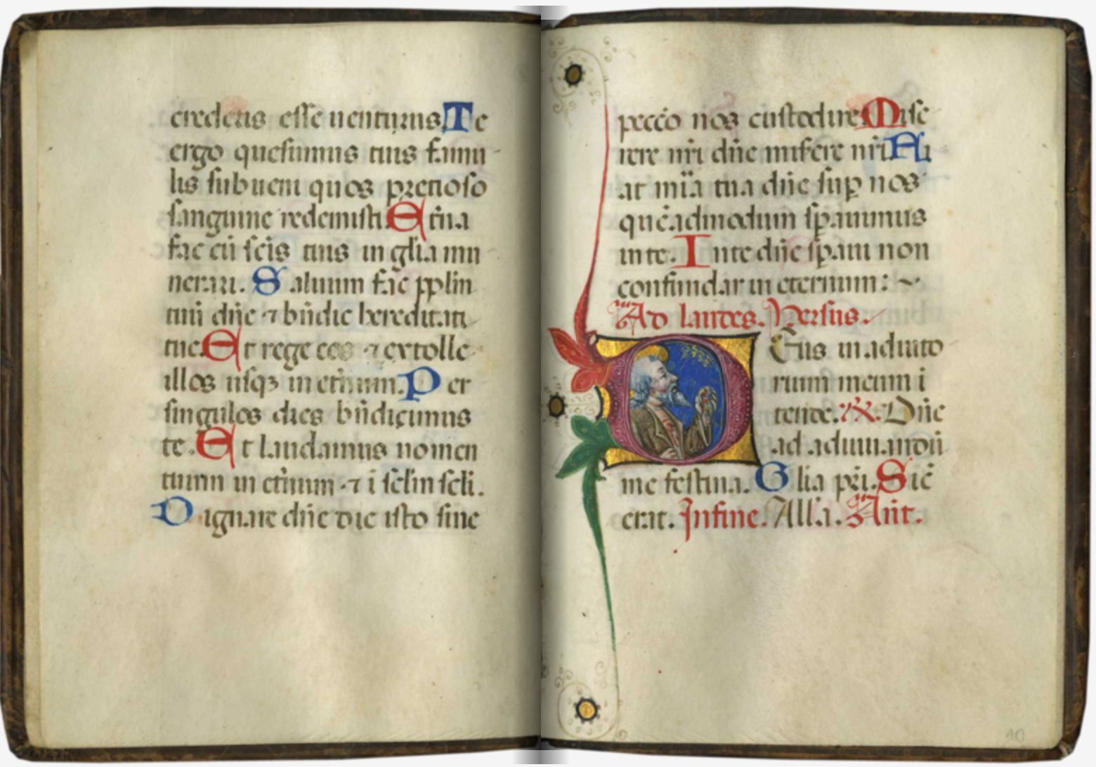 Illuminated manuscript with red and blue capital letters and a large decorated capital D