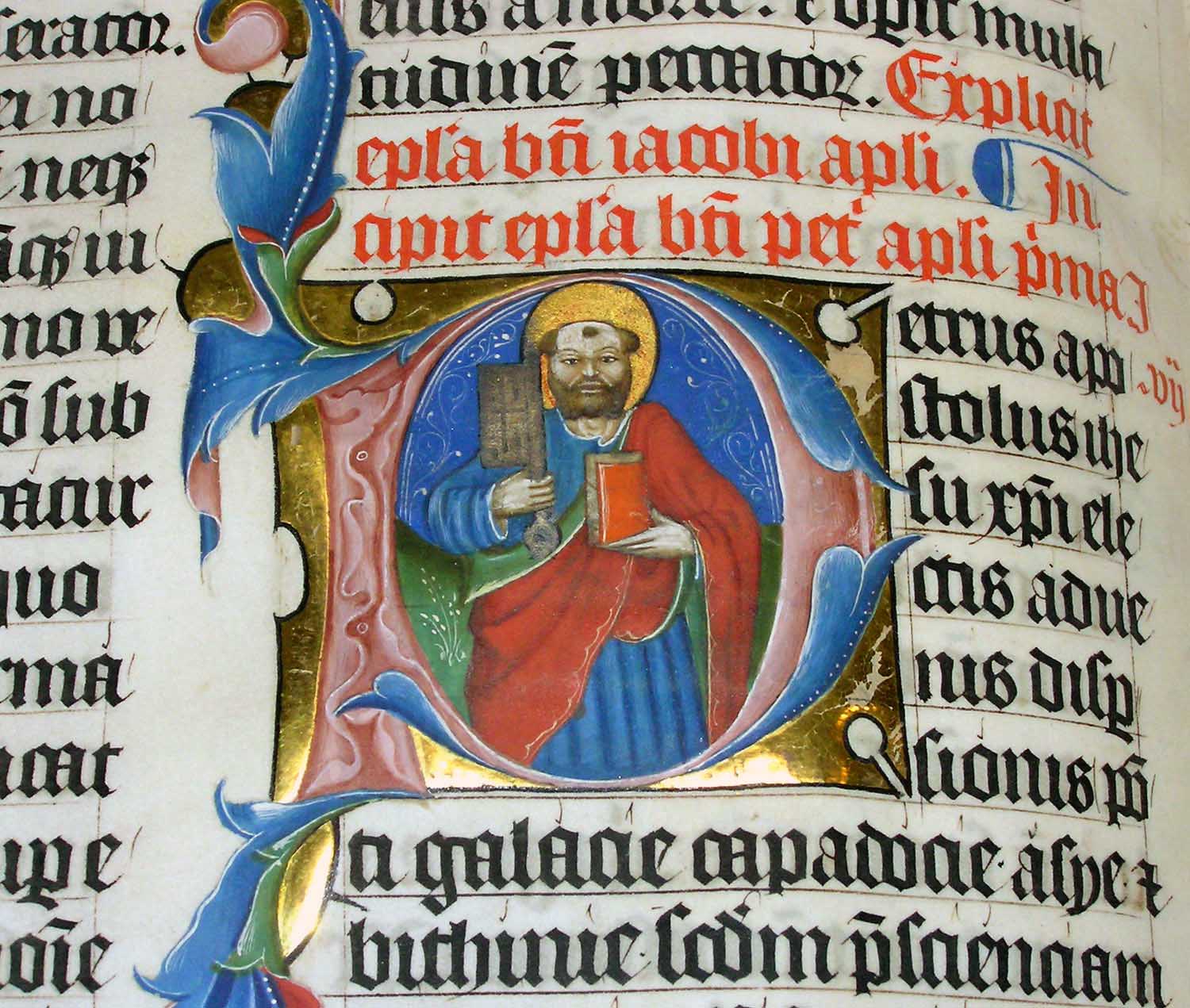 Illuminated letter P containing picture of Peter holding a book surrounded by Latin text