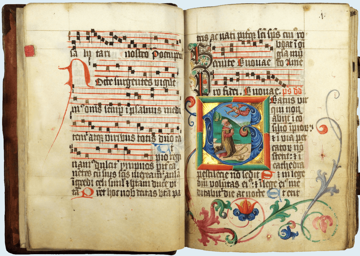Illuminated manuscript spread showing musical notation and large illuminated letter B with picture of praying man