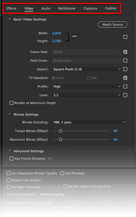 Six tabs in the Export Settings dialog box in Adobe Premiere Pro