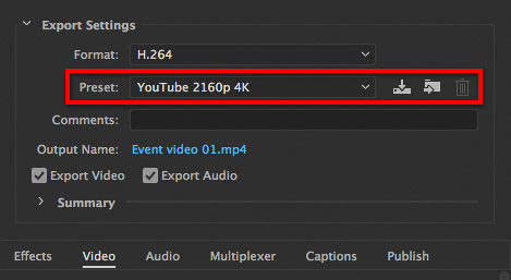 Preset menu in Adobe Premiere Pro