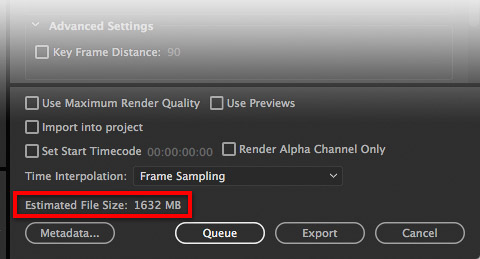 Estimated File Size readout in Adobe Premiere Pro