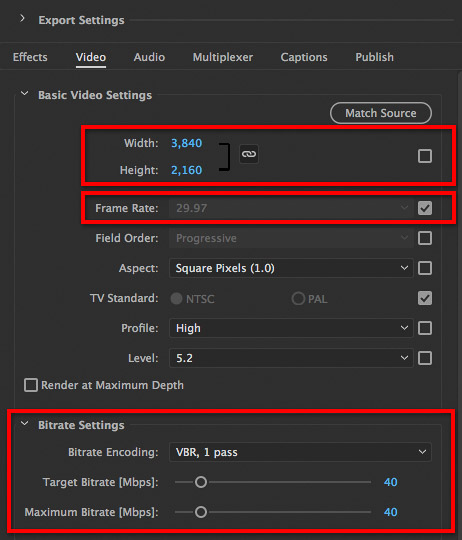Location of compression options in Adobe Premiere Pro