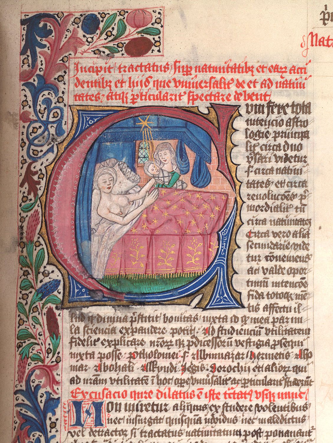 Capital C with picture of woman in bed reaching for infant, elaborate border of flowers