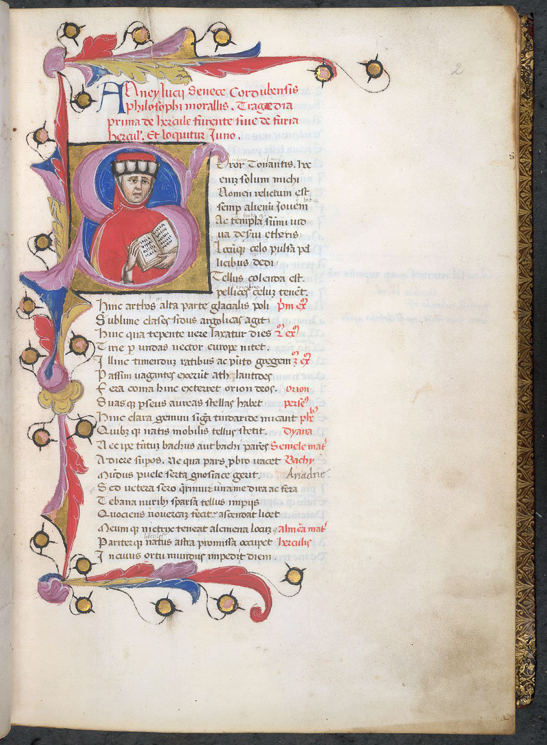 Capital S with portrait of a man in red robe, decorative border on top, bottom, and left margins