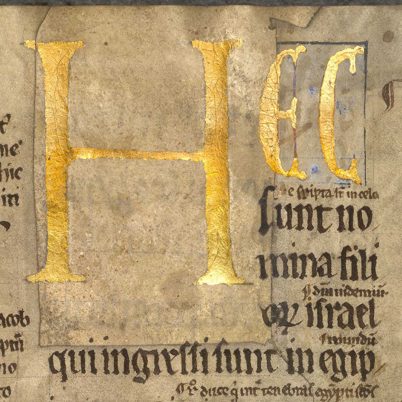 Capital H in gold ink