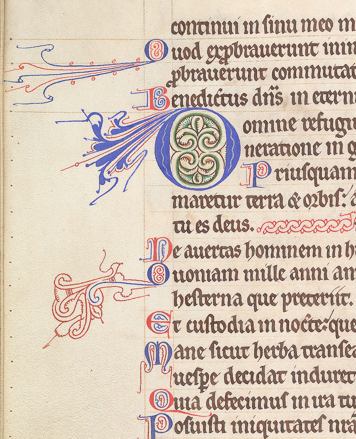 Several decorated initials in blue and red with abstract spirals and lines