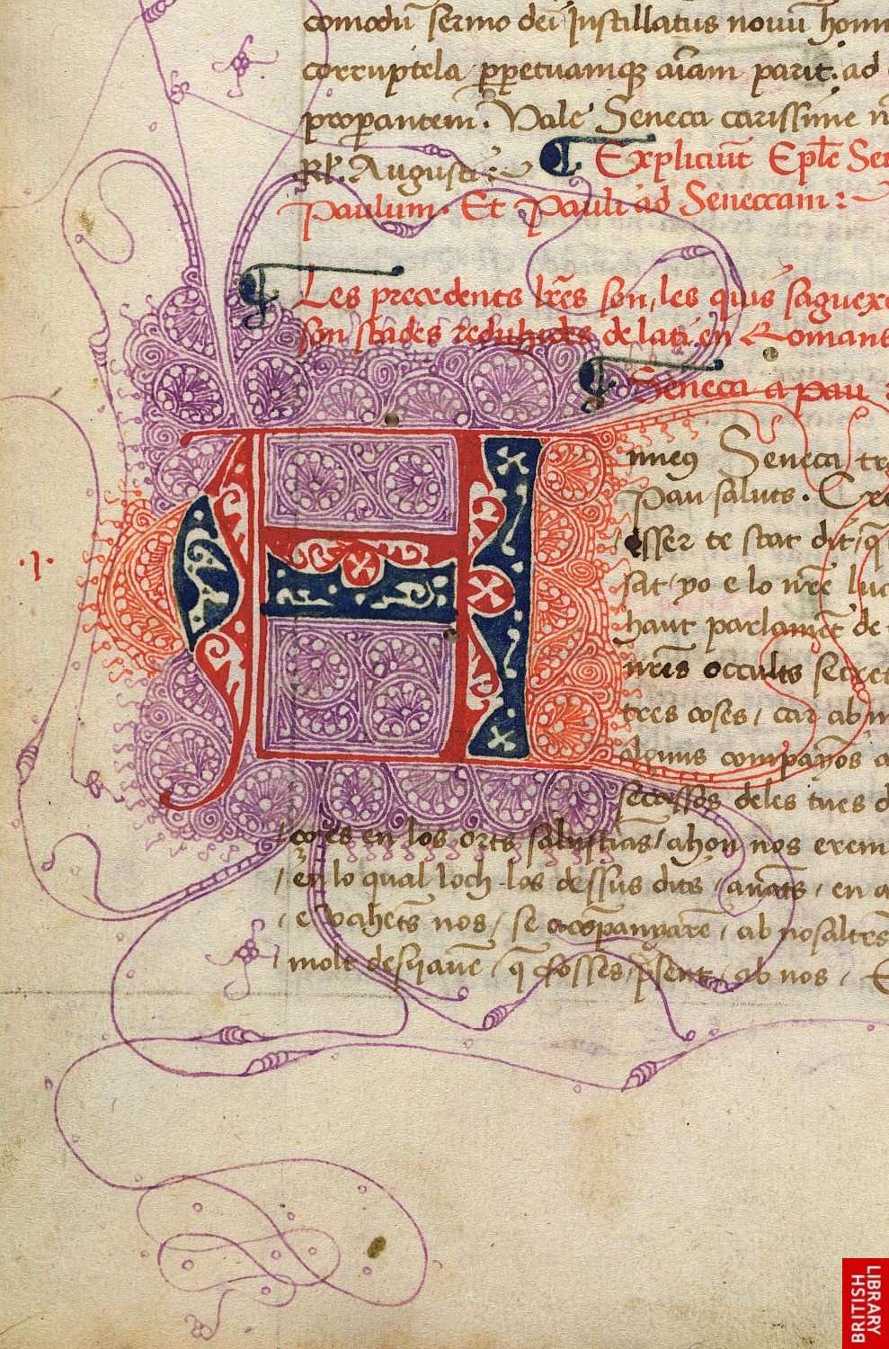 Red and blue decorated H surrounded by elaborate spirals of purple and red