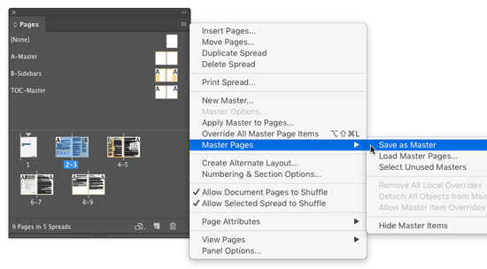 InDesign pages panel command Save As Master