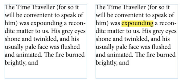 text without and with highlighting in InDesign