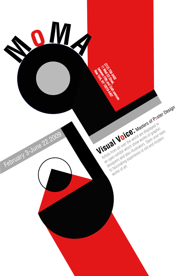Museum exhibit poster with angled lettering and red and black geometrical shapes