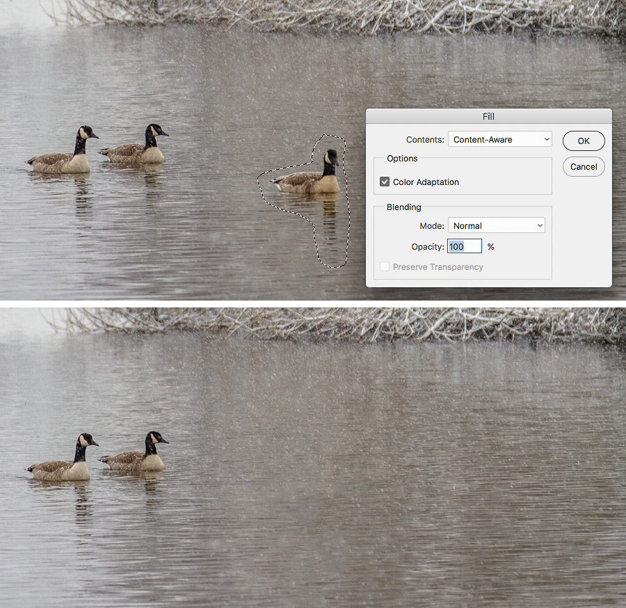 Content-Aware Fill is an option in the Edit > Fill dialog box.