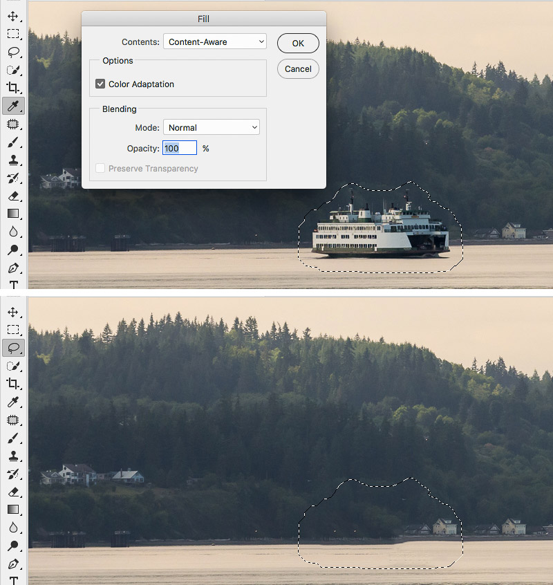 First attempt with Content-Aware Fill repeats the house on the shore.