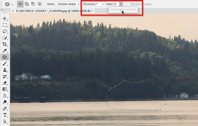 Adjusting the Structure and Color settings improves Patch tool results.