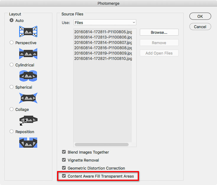 Content Aware Fill Transparent Areas is an option in the Photomerge dialog box.