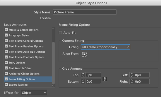 InDesign Object Style Options dialog box showing Frame Fitting Options set to Fill Frame Proportionally
