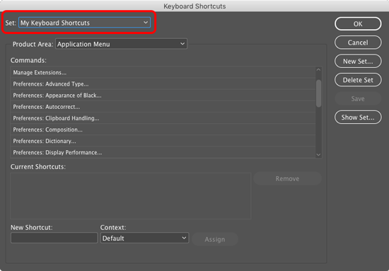 InDesign custom keyboard shortcut set