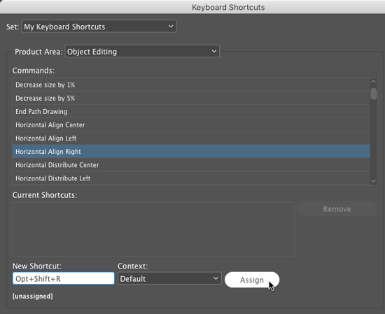 InDesign assign custom keyboard shortcut