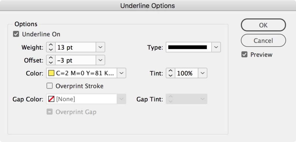 InDesign underline options dialog box