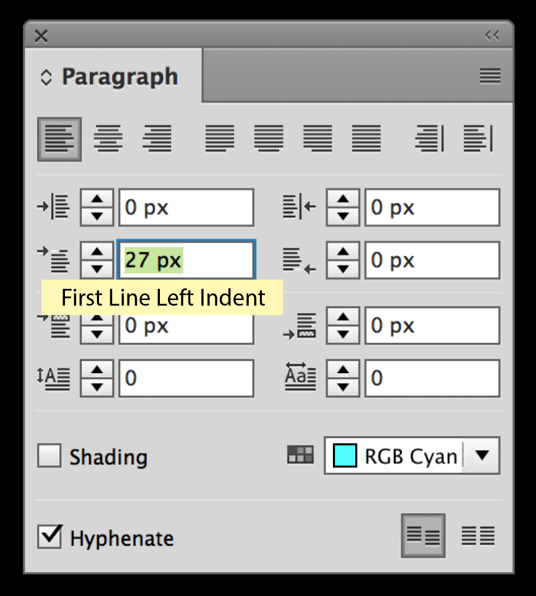 Indesign Paragraph Panel with First Line Left Indent Indicated