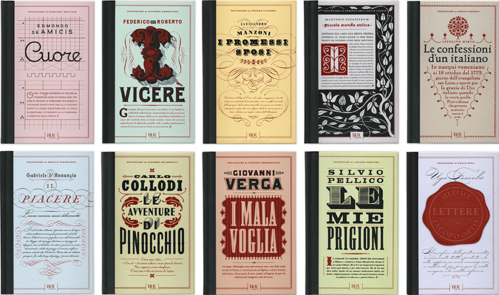 Ten novels with handlettered covers
