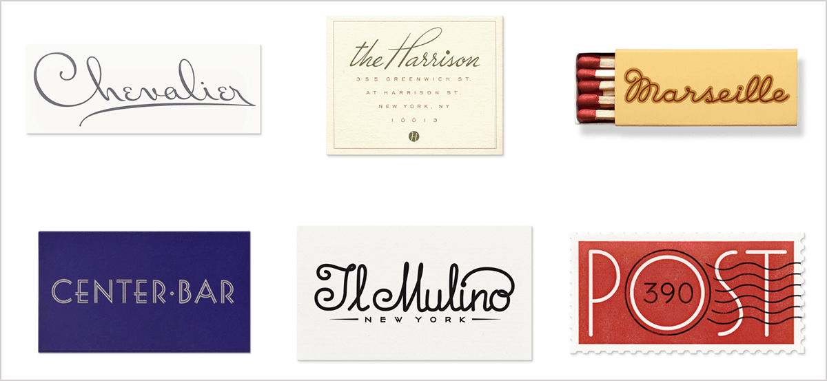 Six handlettered restaurant logos