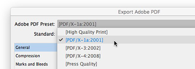 Choosing a PDF export preset