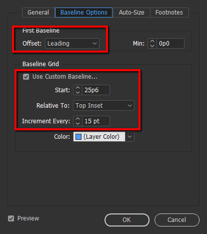 The custom baseline settings for the lead text paragraph