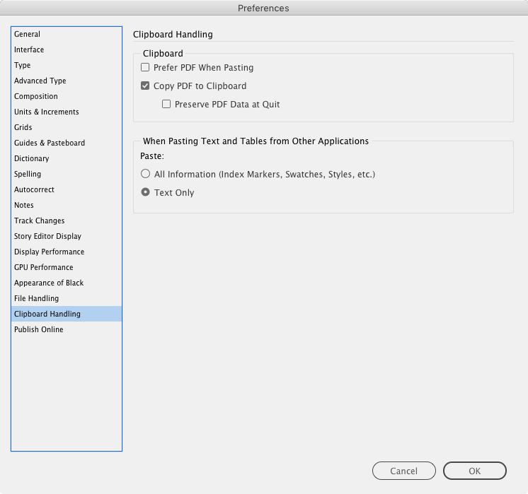 InDesign clipboard handling preferences