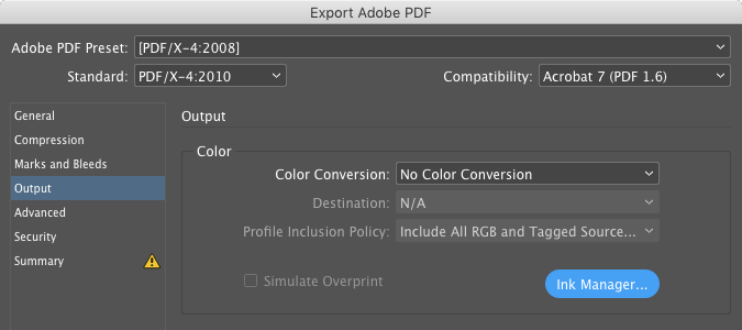 InDesign Ink Manager PDF Export dialog box