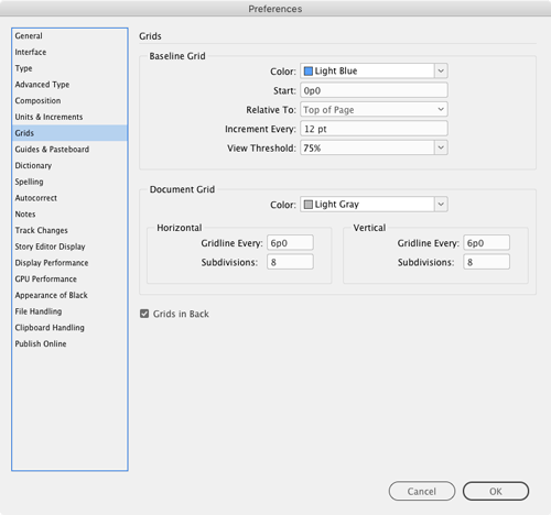 InDesign Grid preferences