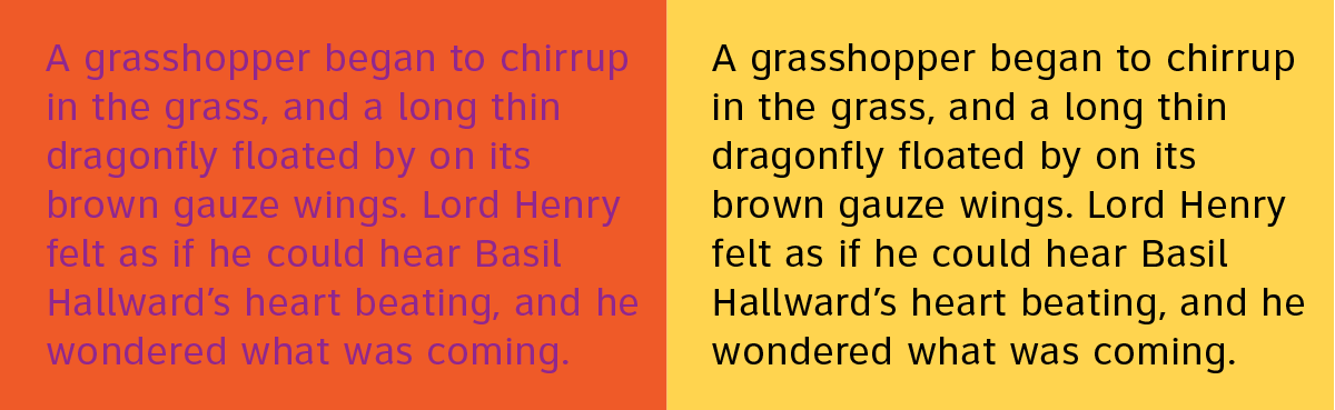 Purple text on orange background vs. black text on yellow background