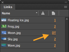 InDesign Links panel showinf DT location of image